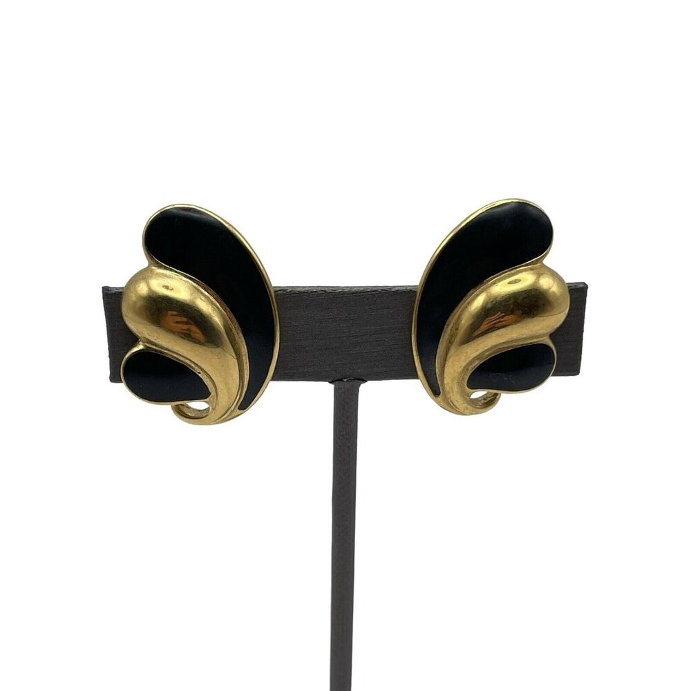 Vintage Trifari Gold Tone Black Enamel Butterfly Clip On Earrings Polished Look
